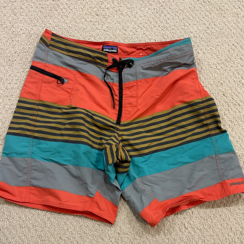 Patagonia Men's Vibrant Striped Board Shorts - Red, Teal, Gray
